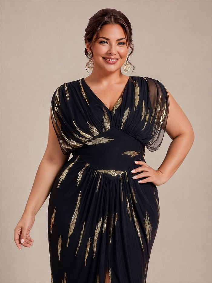 Plus Size Slit Tulle Batwing Evening Dress #color_Black&Metallic Gold