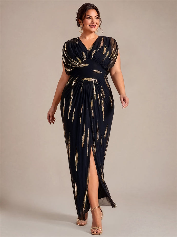 Plus Size Slit Tulle Batwing Evening Dress #color_Black&Metallic Gold