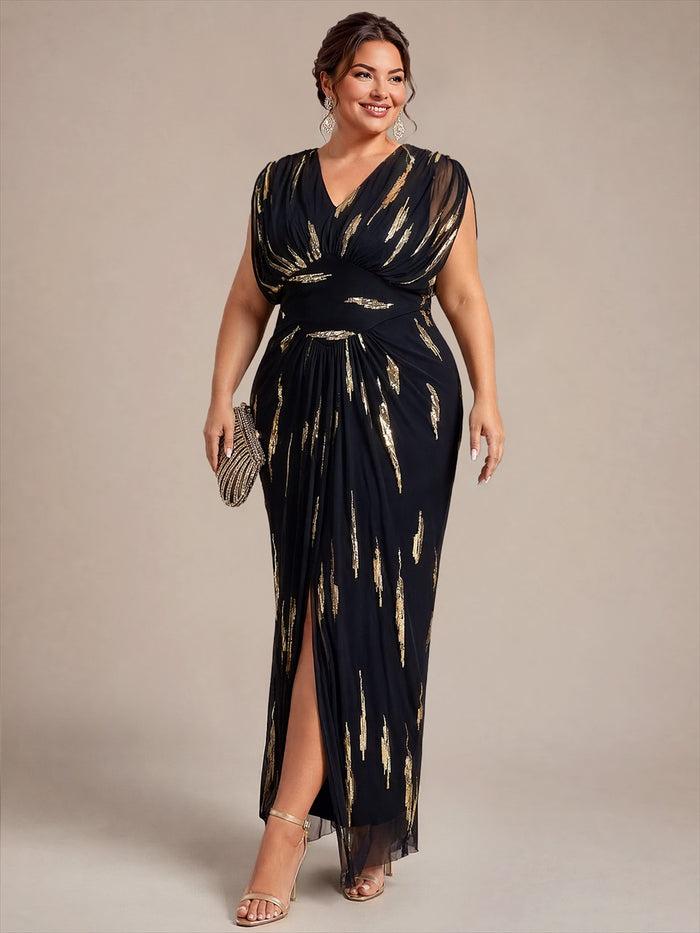 Plus Size Slit Tulle Batwing Evening Dress #color_Black&Metallic Gold