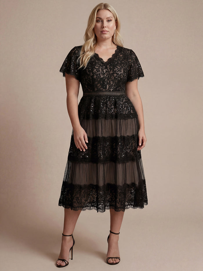 Plus Size Tiered Tulle Lace Wedding Guest Dress #color_Black
