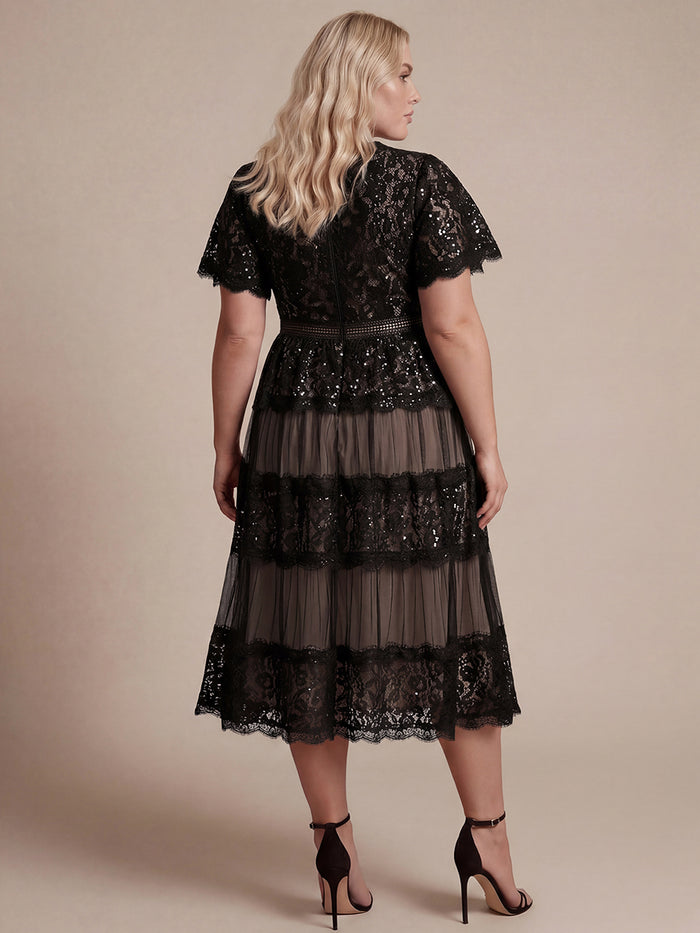 Plus Size Tiered Tulle Lace Wedding Guest Dress #color_Black