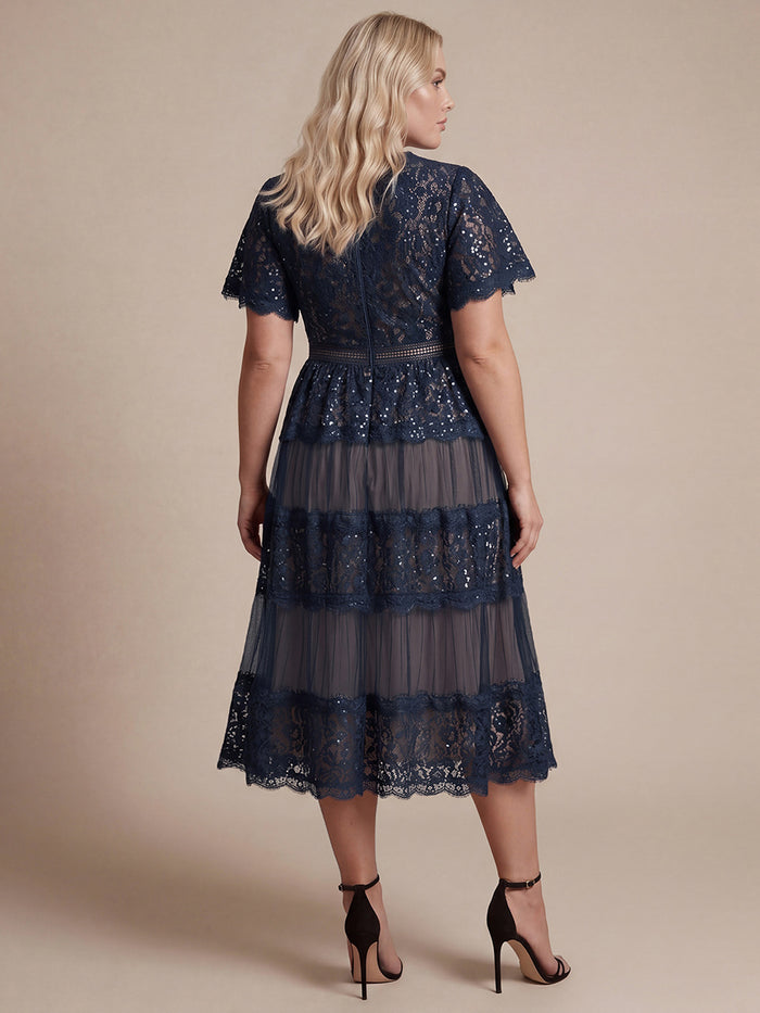 Plus Size Tiered Tulle Lace Wedding Guest Dress #color_Navy Blue