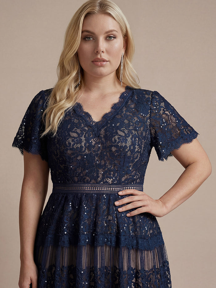 Plus Size Tiered Tulle Lace Wedding Guest Dress #color_Navy Blue