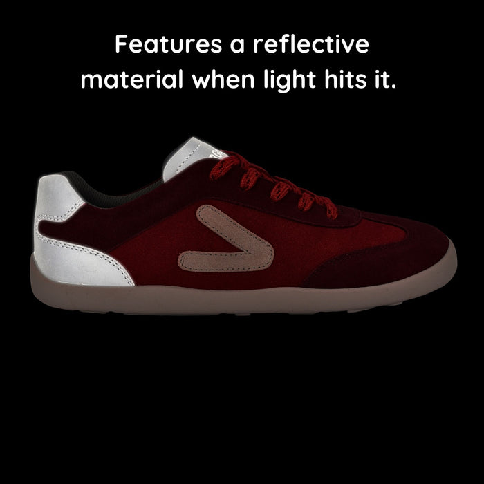 Kids Suede Trainer Red showing reflective material in the dark