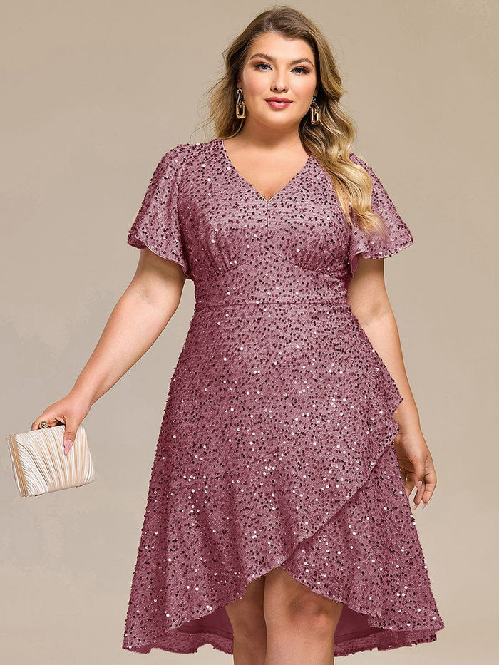Plus Size Sequin Ruffle Sleeve Formal Dress #color_Purple Orchid