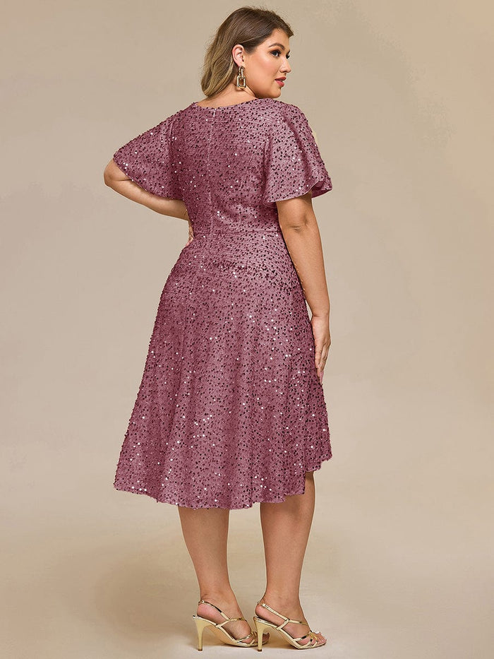 Plus Size Sequin Ruffle Sleeve Formal Dress #color_Purple Orchid