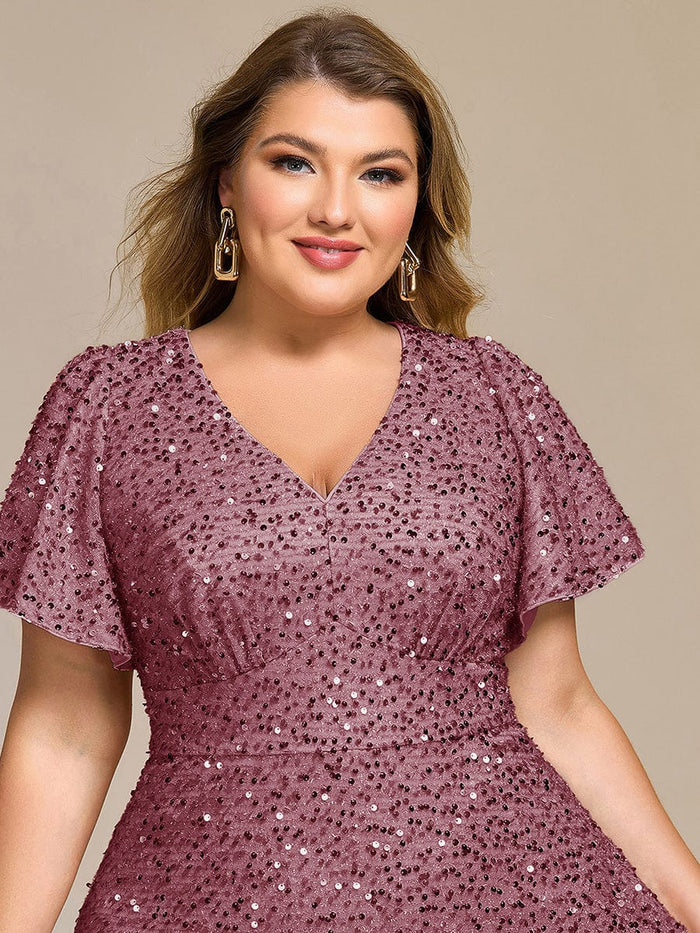 Plus Size Sequin Ruffle Sleeve Formal Dress #color_Purple Orchid