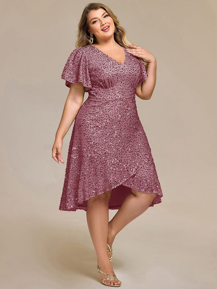 Plus Size Sequin Ruffle Sleeve Formal Dress #color_Purple Orchid