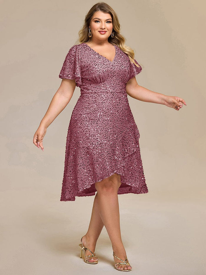 Plus Size Sequin Ruffle Sleeve Formal Dress #color_Purple Orchid
