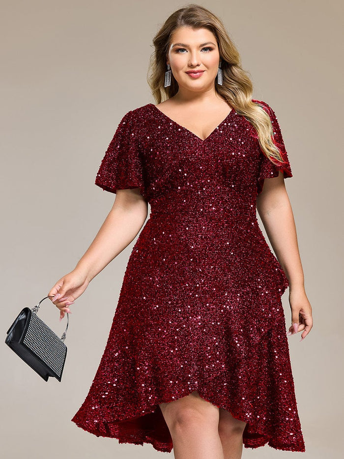 Plus Size Sequin Ruffle Sleeve Formal Dress #color_Burgundy