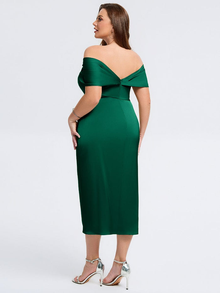 Plus Size Slit Satin Wedding Guest Dress #color_Dark Green