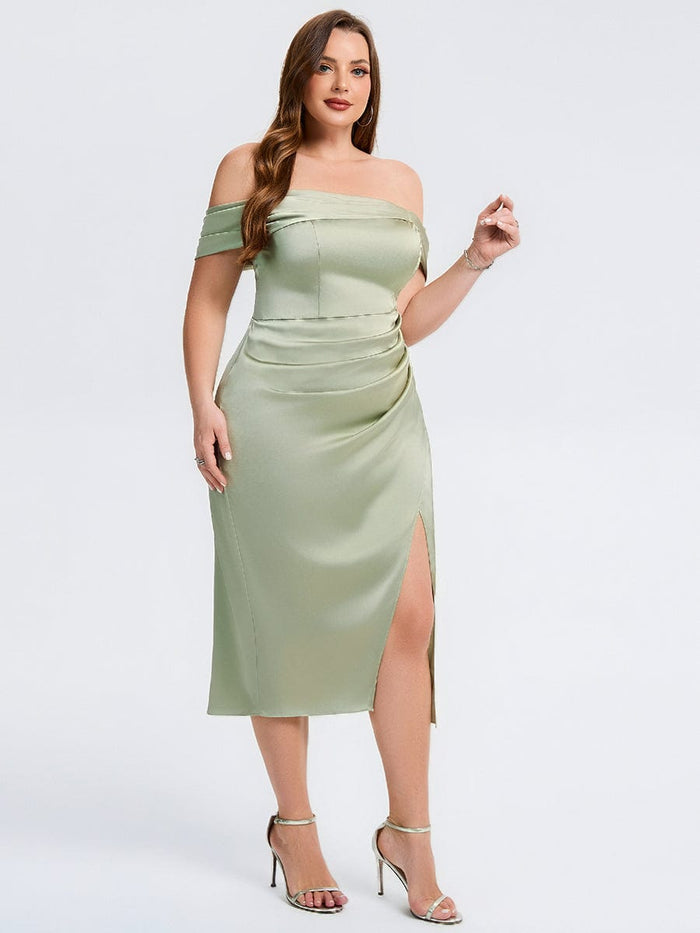 Plus Size Slit Satin Wedding Guest Dress #color_Sage Green