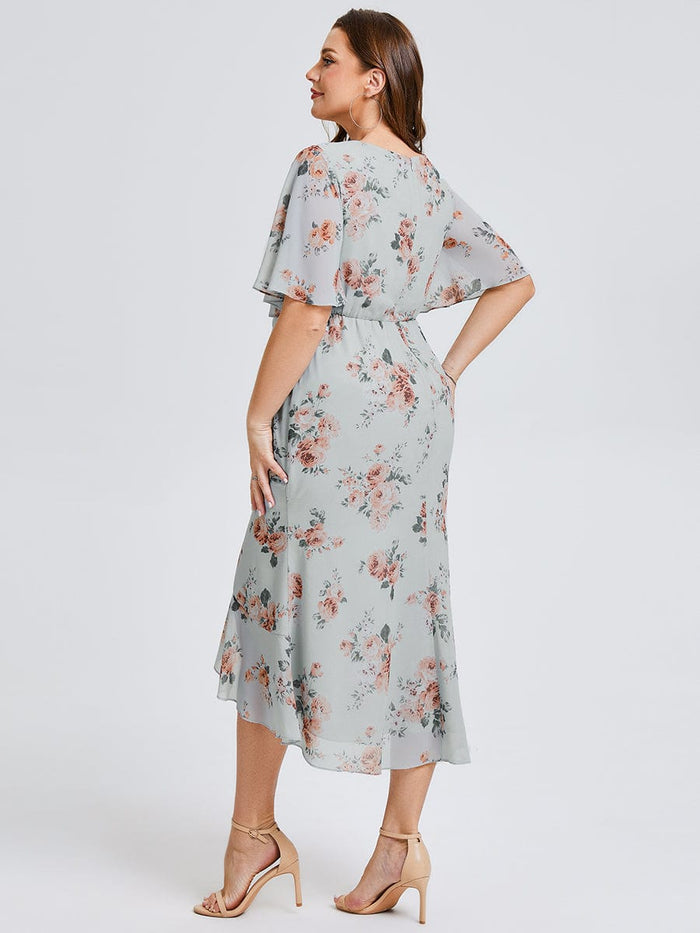 Plus Size Printed Bodycon V-Neck Midi Dress #color_Amber Bloom