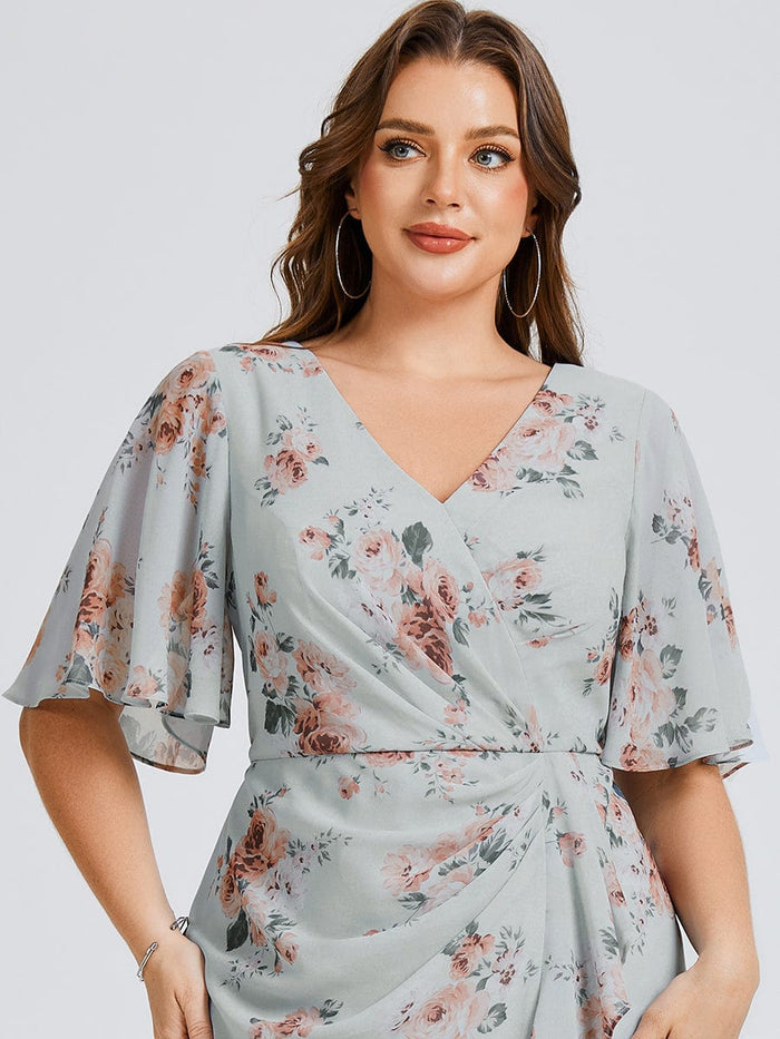 Plus Size Printed Bodycon V-Neck Midi Dress #color_Amber Bloom