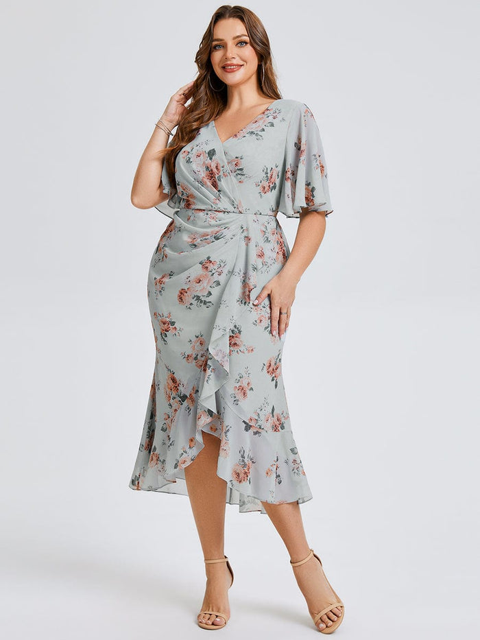Plus Size Printed Bodycon V-Neck Midi Dress #color_Amber Bloom