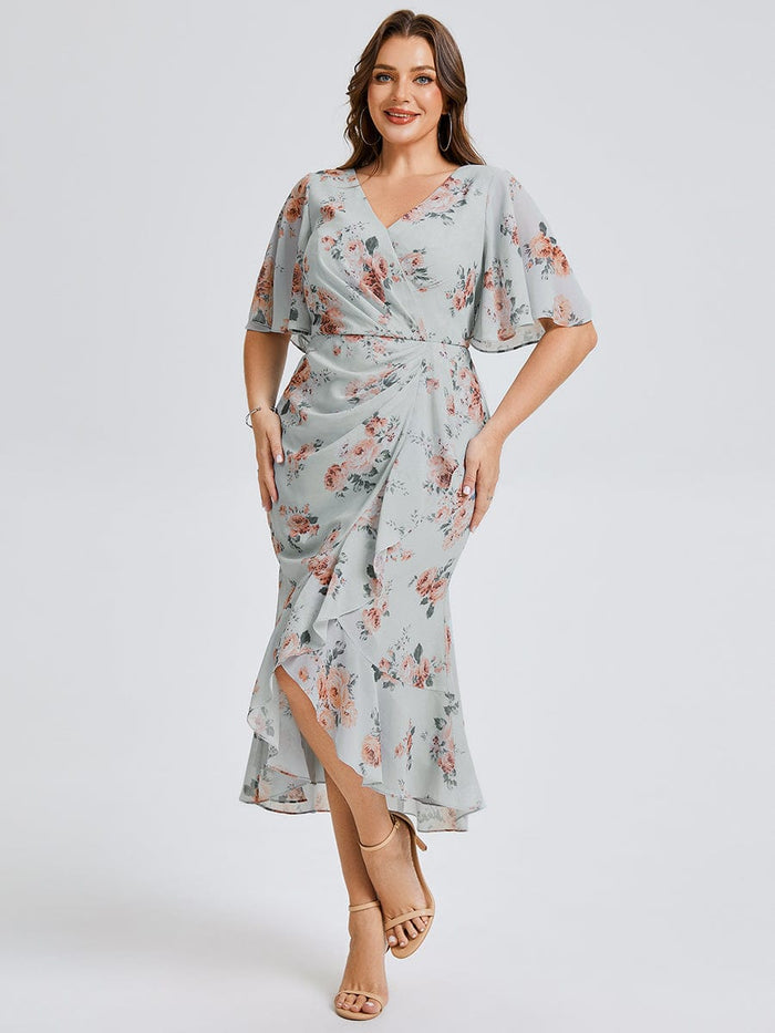 Plus Size Printed Bodycon V-Neck Midi Dress #color_Amber Bloom