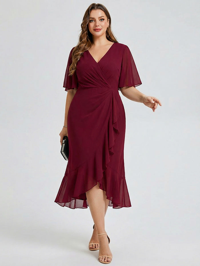 Plus Size Printed Bodycon V-Neck Midi Dress #color_Burgundy