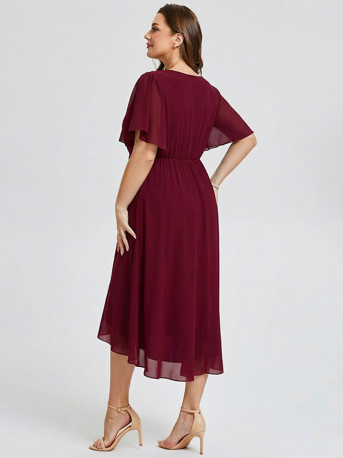 Plus Size Printed Bodycon V-Neck Midi Dress #color_Burgundy