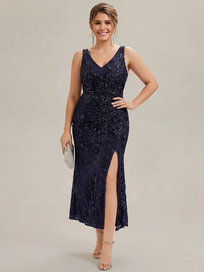 Plus Size Bodycon Sequin Slit Wedding Guest Dress #color_Navy Blue