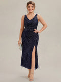 Plus Size Bodycon Sequin Slit Wedding Guest Dress #color_Navy Blue