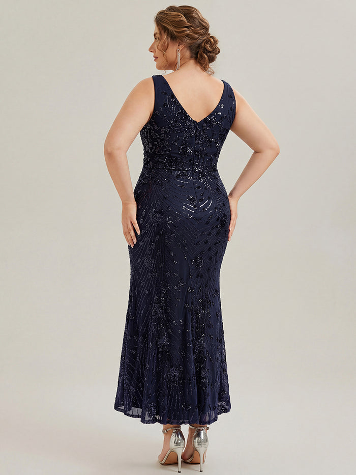 Plus Size Bodycon Sequin Slit Wedding Guest Dress #color_Navy Blue