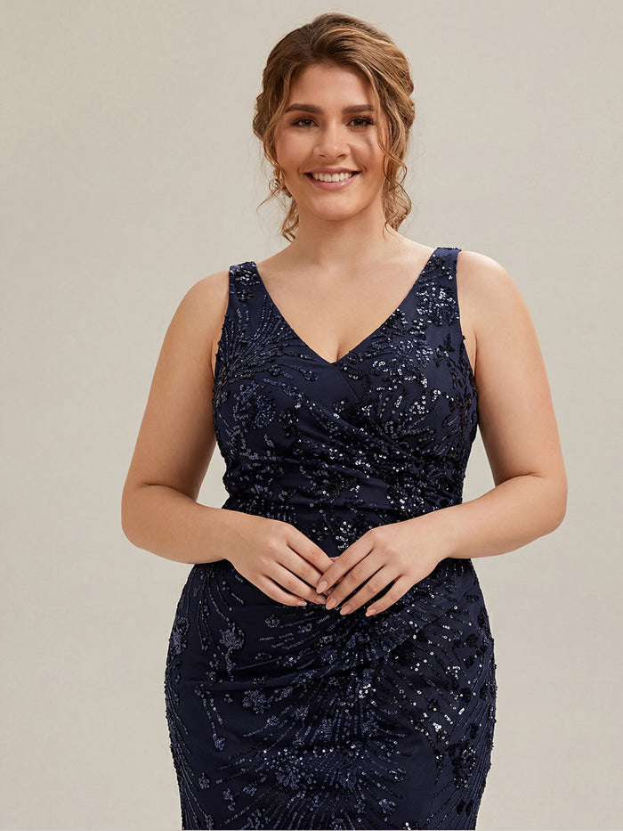 Plus Size Bodycon Sequin Slit Wedding Guest Dress #color_Navy Blue