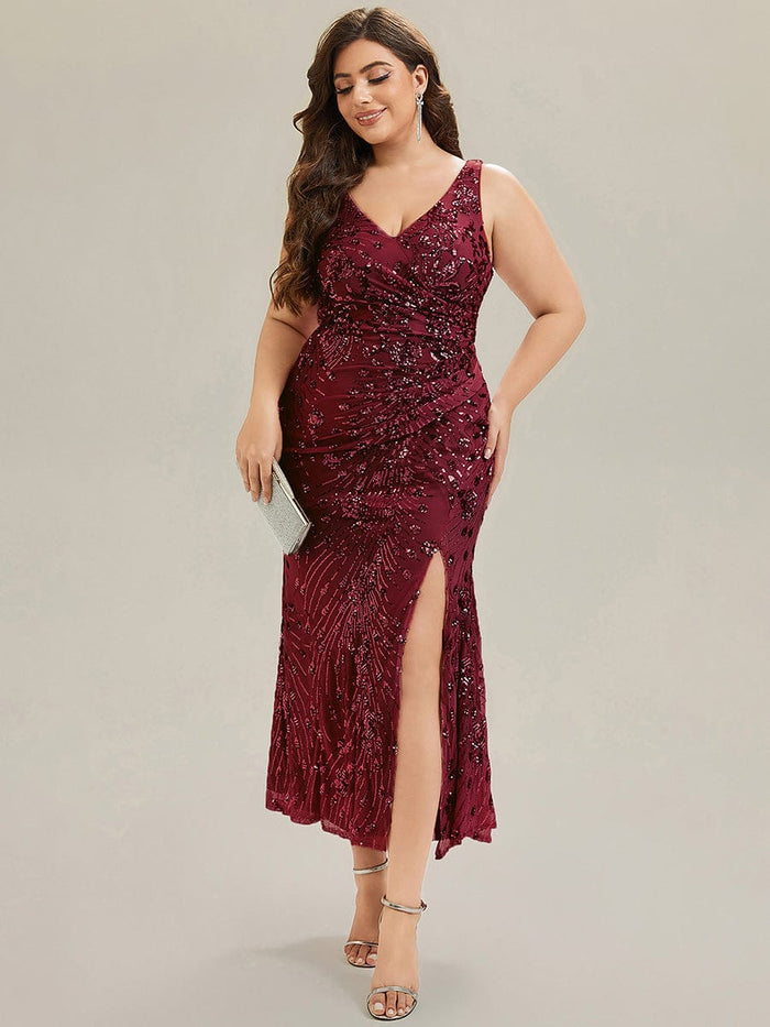 Plus Size Bodycon Sequin Slit Wedding Guest Dress #color_Burgundy
