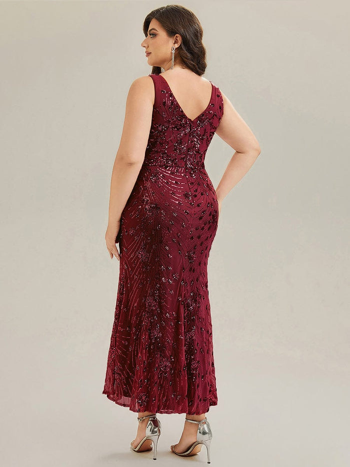 Plus Size Bodycon Sequin Slit Wedding Guest Dress #color_Burgundy