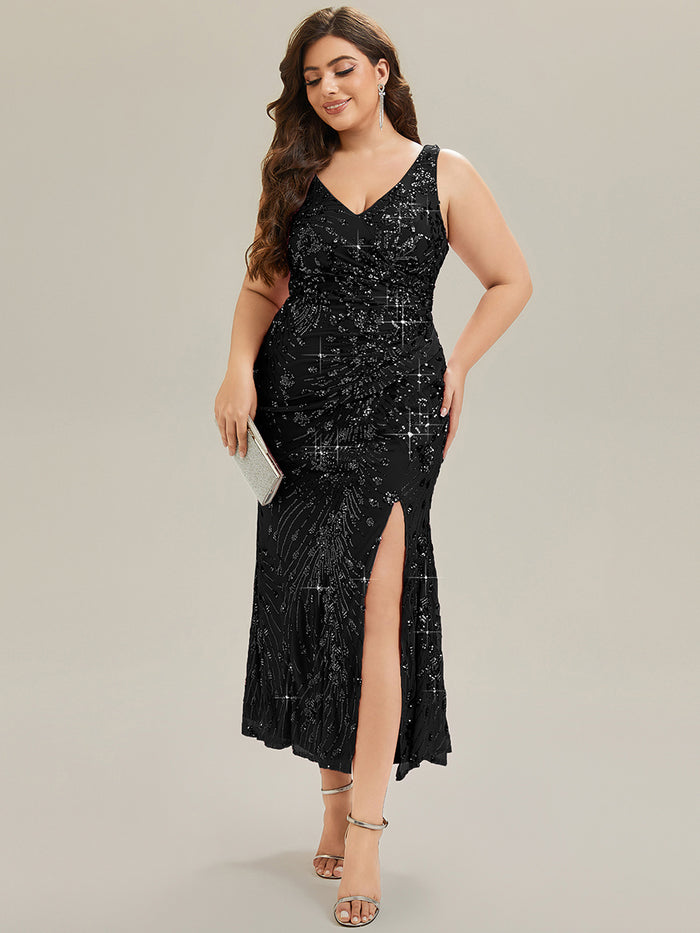 Plus Size Bodycon Sequin Slit Wedding Guest Dress #color_Black