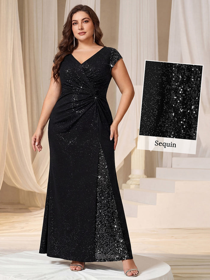 Plus Size Knotted Knit Cap Sleeve Maxi Glitter Evening Dress #color_Black