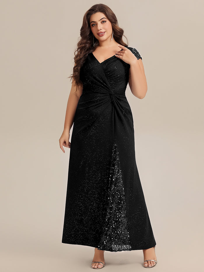 Plus Size Knotted Knit Cap Sleeve Maxi Glitter Evening Dress #color_Black