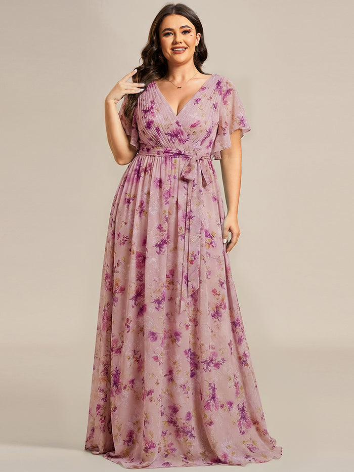 Plus Size Pleated Tie-Waist Chiffon Bridesmaid Dress #color_Light Purple Print