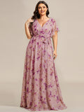 Plus Size Pleated Tie-Waist Chiffon Bridesmaid Dress #color_Light Purple Print