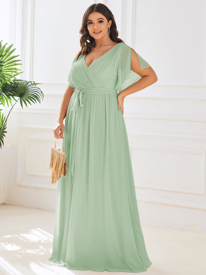 Plus Size Pleated Tie-Waist Chiffon Bridesmaid Dress #color_Mint Green