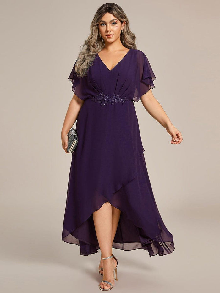 Plus Size Chiffon Midi A-Line Ruffle Sleeves Bridesmaid Dress #color_Dark Purple