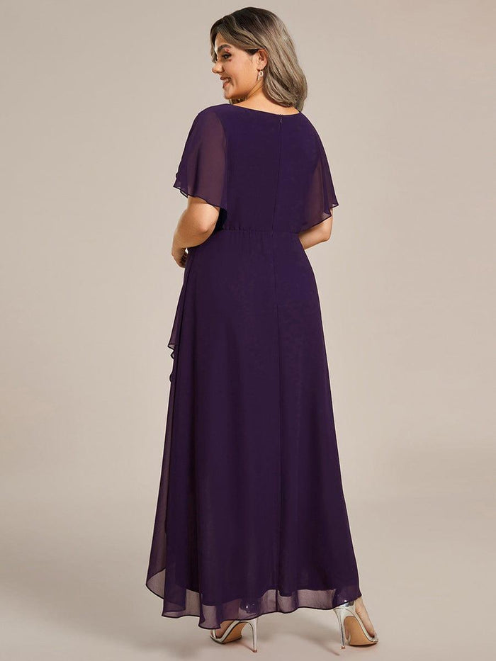 Plus Size Chiffon Midi A-Line Ruffle Sleeves Bridesmaid Dress #color_Dark Purple
