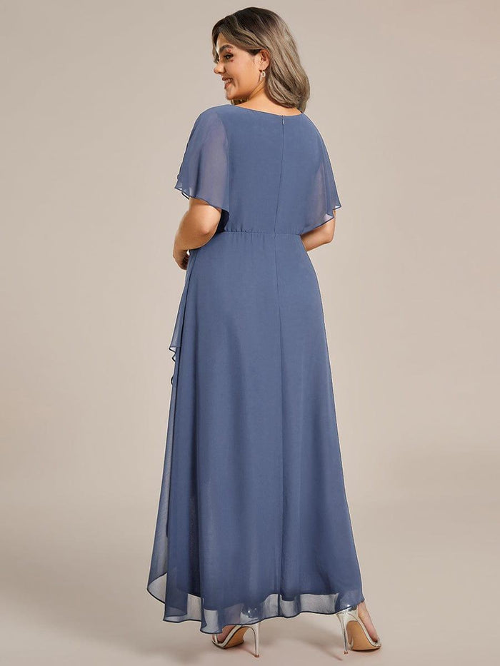 Plus Size Chiffon Midi A-Line Ruffle Sleeves Bridesmaid Dress #color_Dusty Blue
