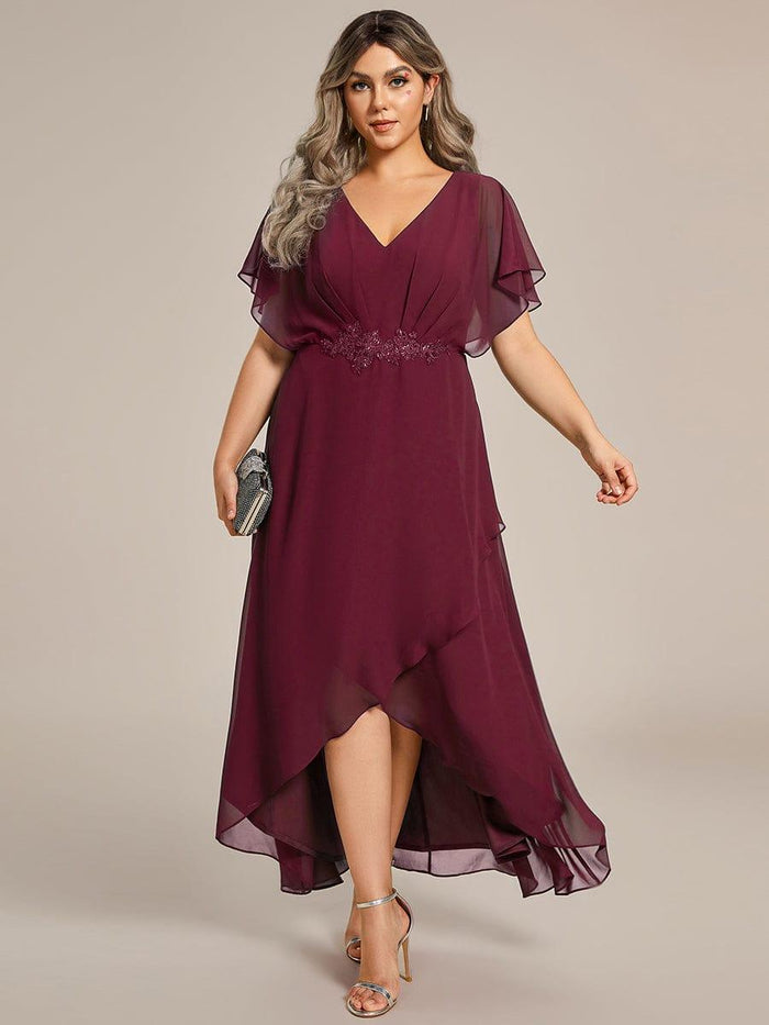 Plus Size Chiffon Midi A-Line Ruffle Sleeves Bridesmaid Dress #color_Burgundy