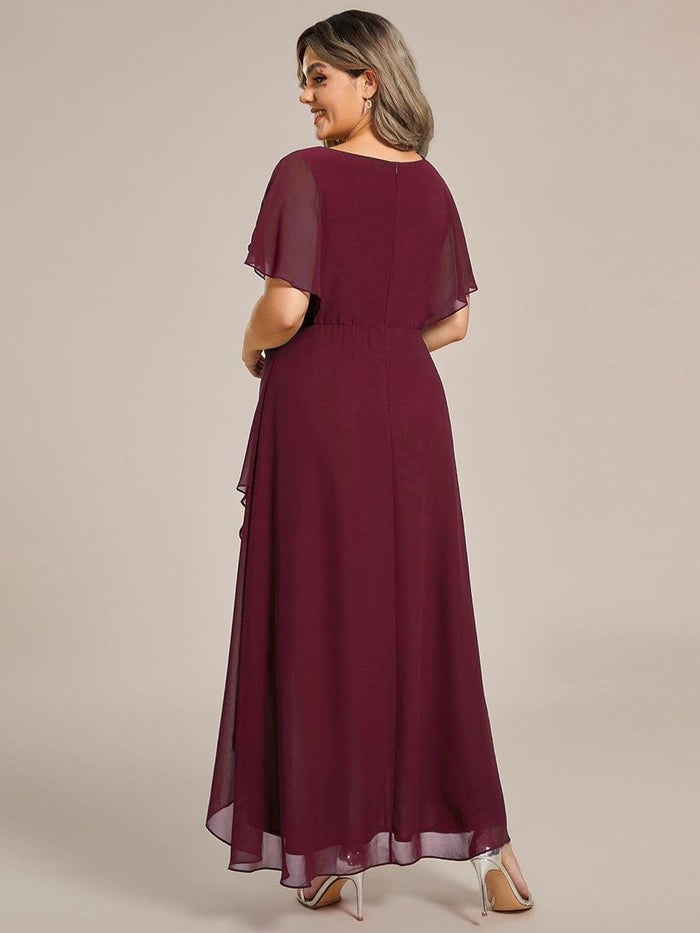Plus Size Chiffon Midi A-Line Ruffle Sleeves Bridesmaid Dress #color_Burgundy