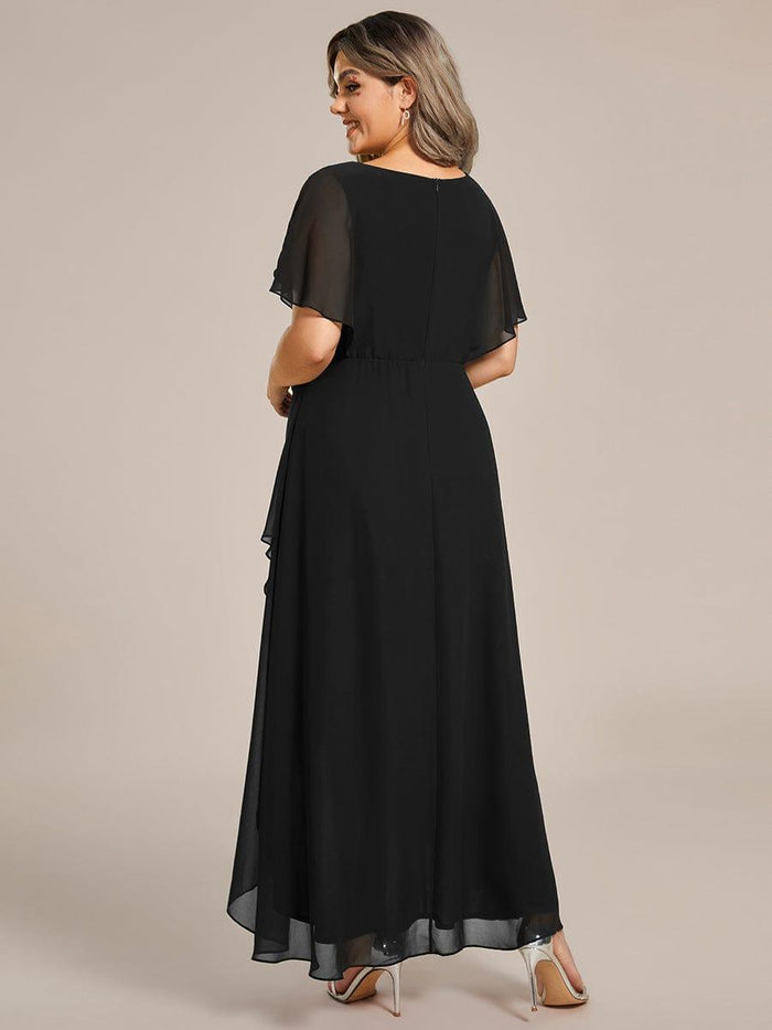 Plus Size Chiffon Midi A-Line Ruffle Sleeves Bridesmaid Dress #color_Black