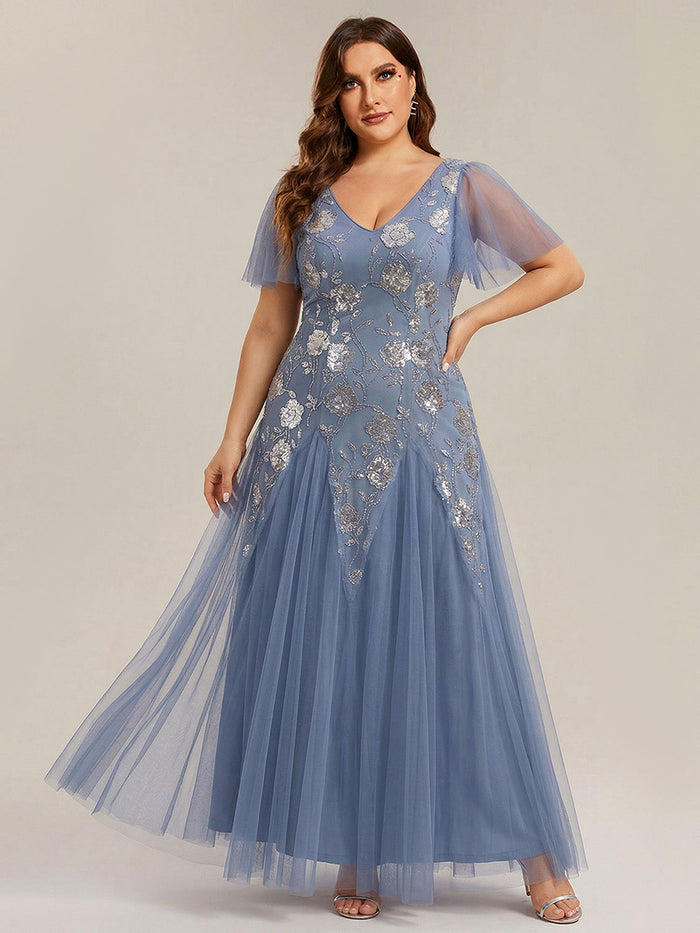 Plus Size Floral Embroidered Sequin Ruffle Sleeve Tulle Evening Dress #color_Dusty Blue