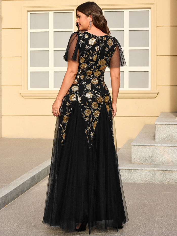 Plus Size Floral Embroidered Sequin Ruffle Sleeve Tulle Evening Dress #color_Black & Gold