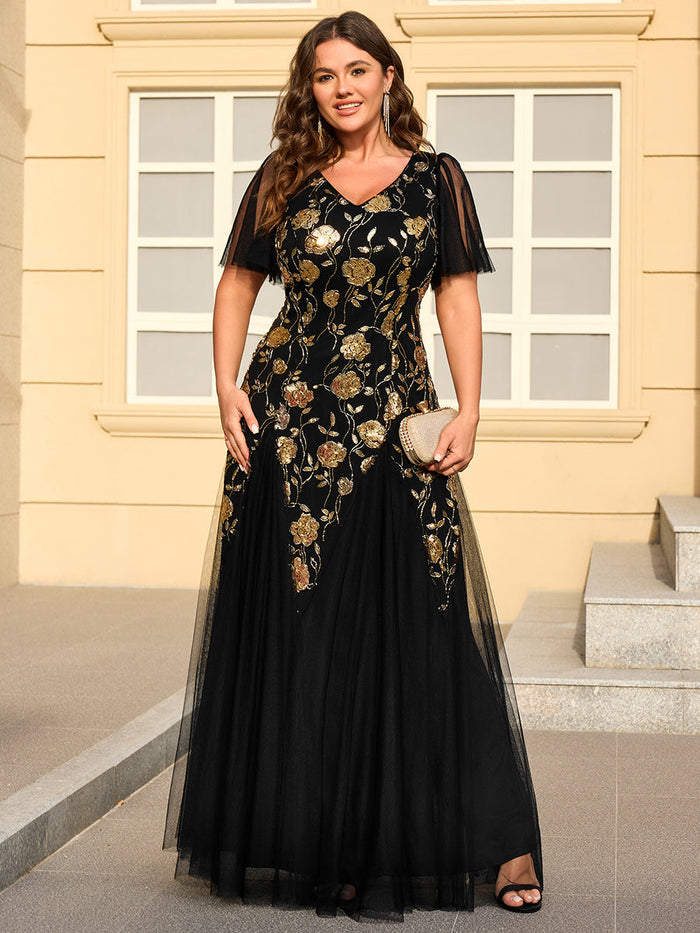 Plus Size Floral Embroidered Sequin Ruffle Sleeve Tulle Evening Dress #color_Black & Gold