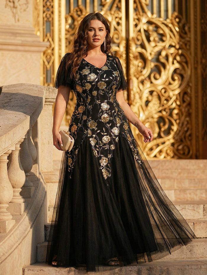 Plus Size Floral Embroidered Sequin Ruffle Sleeve Tulle Evening Dress #color_Black & Gold