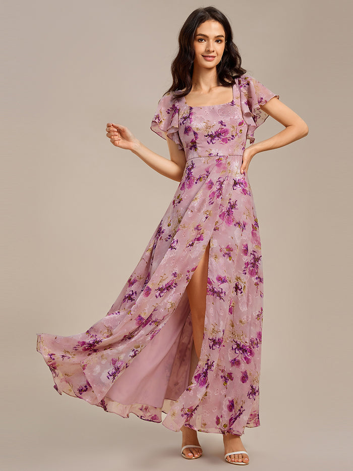 Plus Size Floral Print Side Split Wedding Guest Dress#color_Light Purple Print