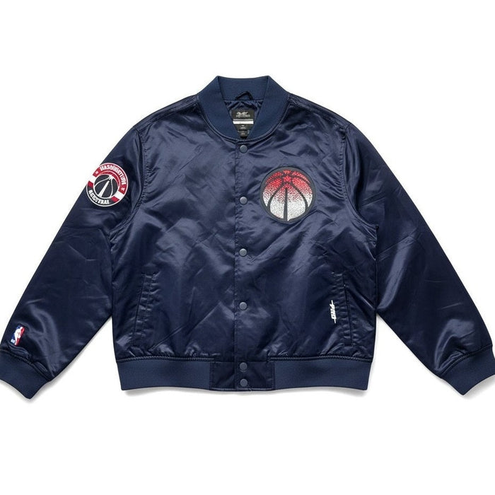 Women’s NBA Washington Wizards satin jacket in size XL with jewel details, featuring team logo and stylish design.