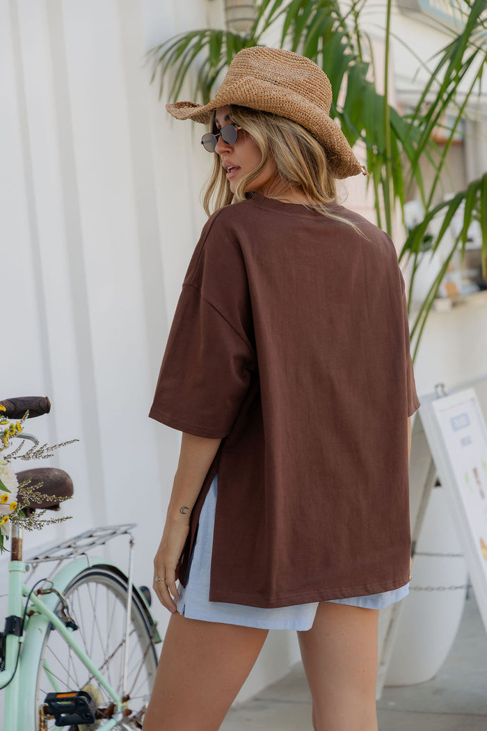 Quinn Cotton Side Split Tee - Chocolate