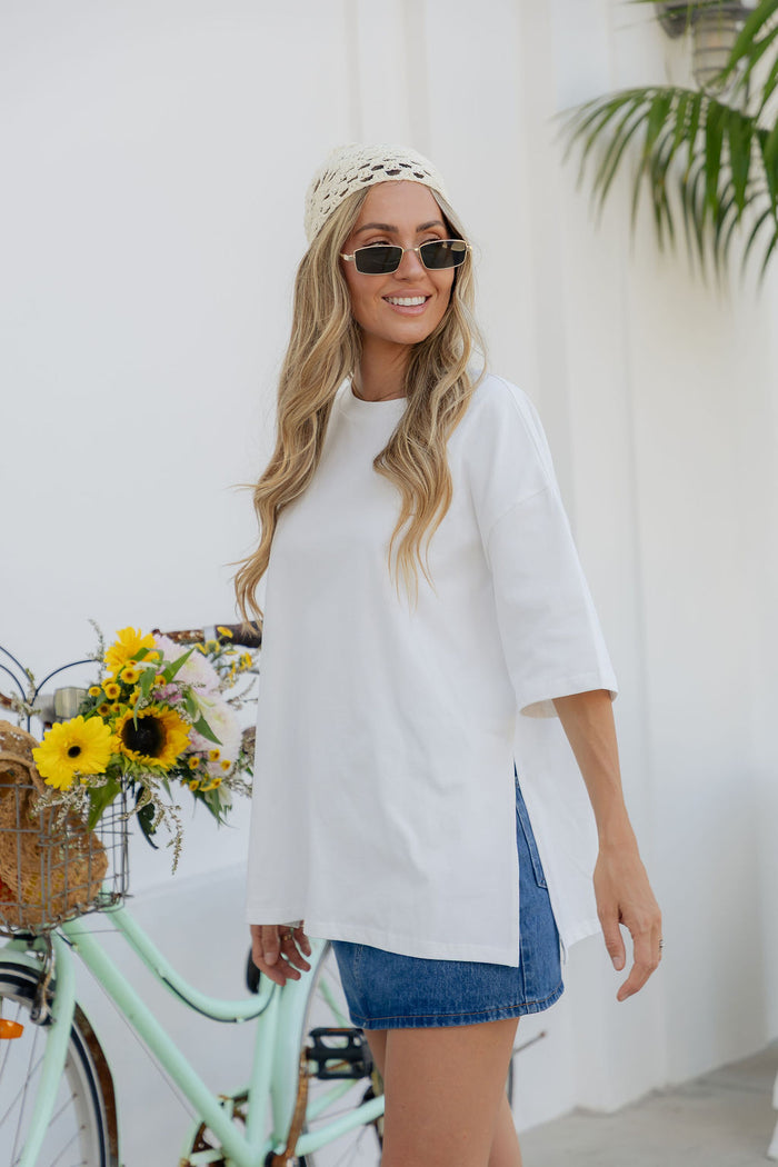 Quinn Cotton Side Split Tee - White