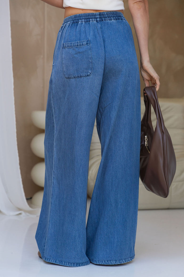 Raya Wide-Leg Lyocell Denim Pants - Mid Wash