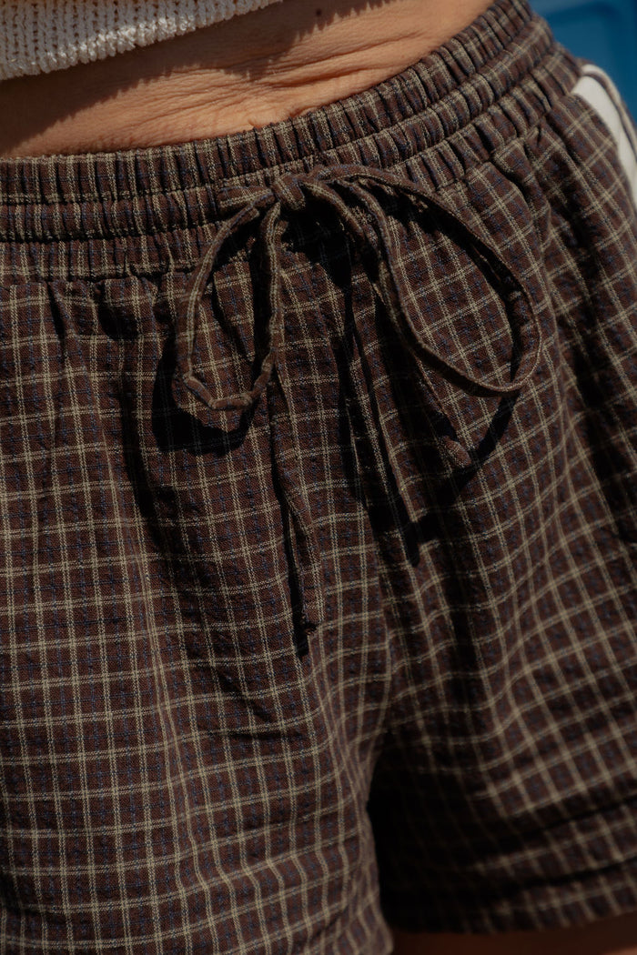 Remi Cotton Shorts - Chocolate Check with Cream Stripe
